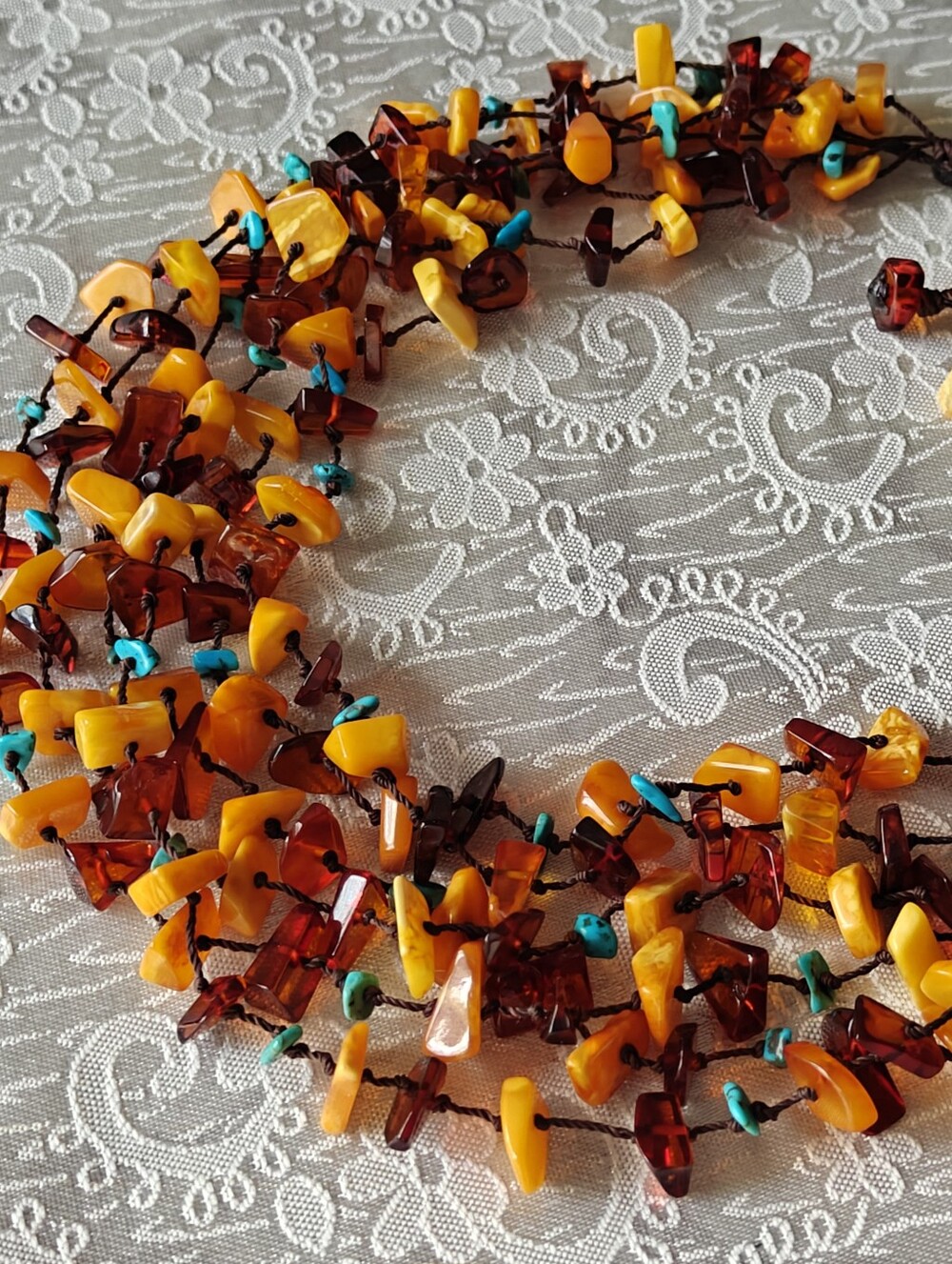 Genuine Amber & Turquoise Six Strand Necklace